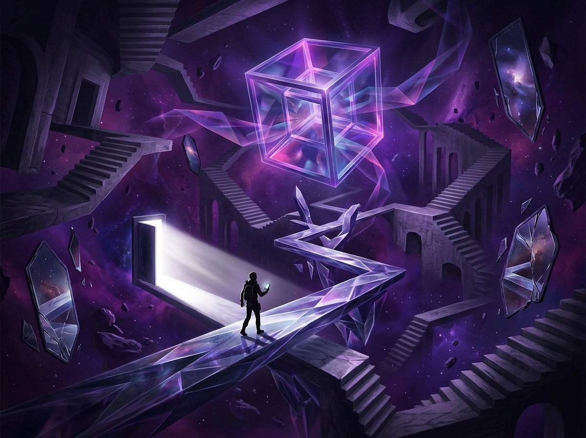 State of Kin key art: a figure beneath a glowing tesseract in an impossible space